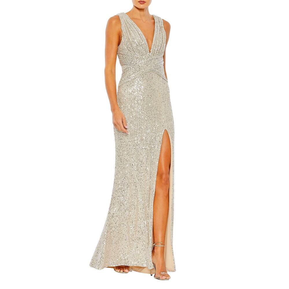 Mac Duggal Sequin Dress Floor Length Gown Champagne Nude Beige Size 2 NWT